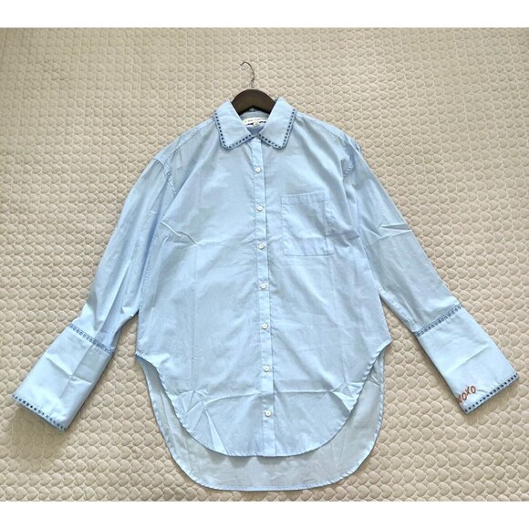 NWOT Kerri Rosenthal Button Up Shirt Women Size XS Embroidery Heart Blue - Picture 1 of 10
